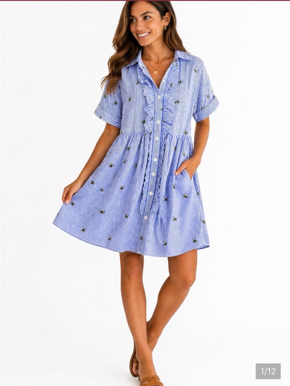 kate spade Blue & White Striped Ruffle-Front Bee Shirt Dress